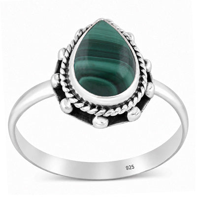 Stunning Twisted Wire & Rawa Work Around Malachite Pear Shape 925 Sterling Solid Silver Ring - R3403601-12