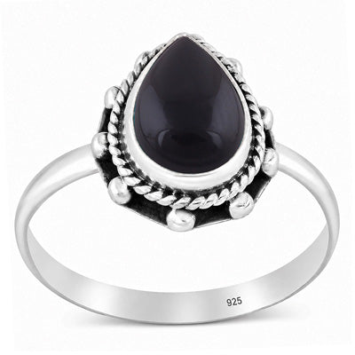 Stunning Twisted Wire & Rawa Work Around Black Onyx Pear Shape 925 Sterling Solid Silver Ring - R3403601-14