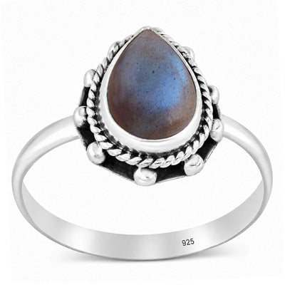 Stunning Twisted Wire & Rawa Work Around Labradorite Pear Shape 925 Sterling Solid Silver Ring - R3403601-5