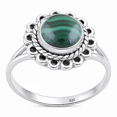 Beautifully Handcrafted Work Around Malachite Round Shape 925 Sterling Solid Silver Ring - R3403604-12