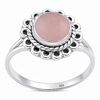 Beautifully Handcrafted Work Around Rose Quartz Round Shape 925 Sterling Solid Silver Ring - R3403604-13