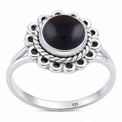 Beautifully Handcrafted Work Around Black Onyx Round Shape 925 Sterling Solid Silver Ring - R3403604-14
