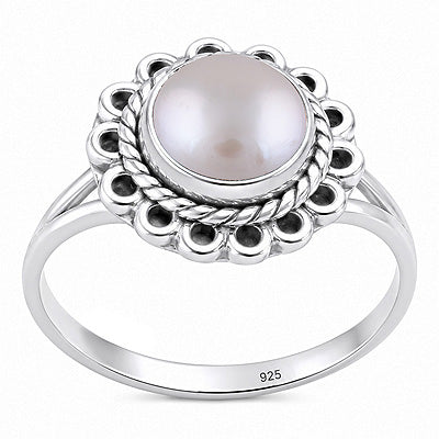 Beautifully Handcrafted Work Around Pearl Round Shape 925 Sterling Solid Silver Ring - R3403604-15