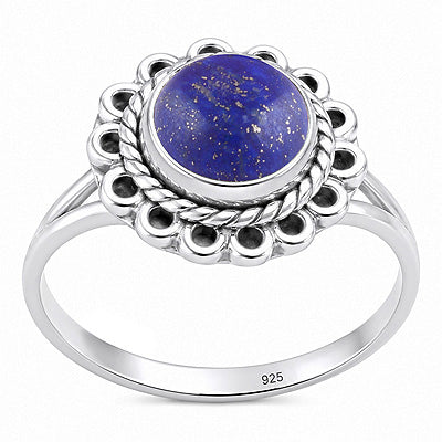 Beautifully Handcrafted Work Around Lapis Round Shape 925 Sterling Solid Silver Ring - R3403604-6