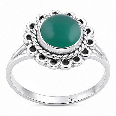 Beautifully Handcrafted Work Around Green Onyx Round Shape 925 Sterling Solid Silver Ring - R3403604-8