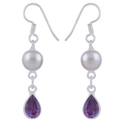 Alluring Two Stone Bezel Pearl,Amethyst Pear,Round Shape 925 Sterling Solid Silver Dangle Earrings - R3500185-40