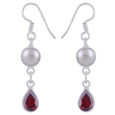 Alluring Two Stone Bezel Pearl,Garnet Pear,Round Shape 925 Sterling Solid Silver Dangle Earrings - R3500185-41