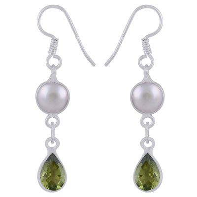 Alluring Two Stone Bezel Pearl,Peridot Pear,Round Shape 925 Sterling Solid Silver Dangle Earrings - R3500185-42