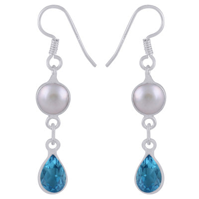 Alluring Two Stone Bezel Pearl,Blue Topaz Pear,Round Shape 925 Sterling Solid Silver Dangle Earrings - R3500185-45