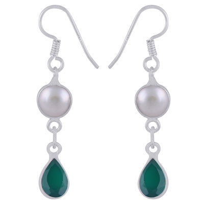 Alluring Two Stone Bezel Pearl,Green Onyx Pear,Round Shape 925 Sterling Solid Silver Dangle Earrings - R3500185-46