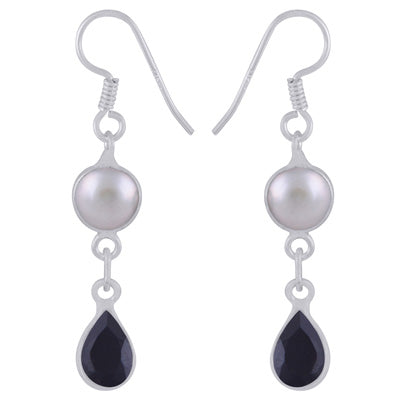Alluring Two Stone Bezel Pearl,Black Onyx Pear,Round Shape 925 Sterling Solid Silver Dangle Earrings - R3500185-47