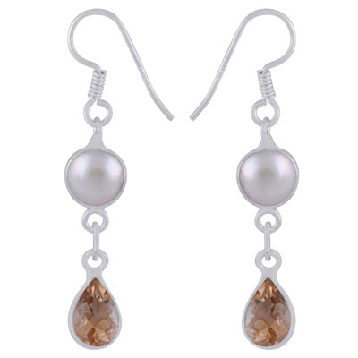 Alluring Two Stone Bezel Pearl,Citrine Pear,Round Shape 925 Sterling Solid Silver Dangle Earrings - R3500185-49