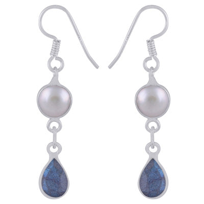 Alluring Two Stone Bezel Pearl,Labradorite Pear,Round Shape 925 Sterling Solid Silver Dangle Earrings - R3500185-50