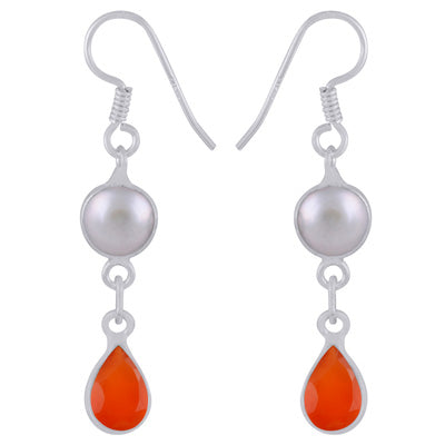 Alluring Two Stone Bezel Pearl,Carnelian Pear,Round Shape 925 Sterling Solid Silver Dangle Earrings - R3500185-52