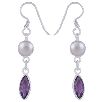 Gorgeous Two Stone Bezel Pearl,Amethyst Pear,Marquise Shape 925 Sterling Solid Silver Dangle Earrings - R3500186-51