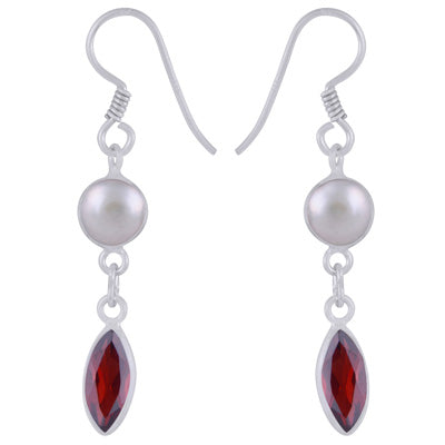 Gorgeous Two Stone Bezel Pearl,Garnet Pear,Marquise Shape 925 Sterling Solid Silver Dangle Earrings - R3500186-52