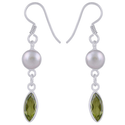 Gorgeous Two Stone Bezel Pearl,Peridot Pear,Marquise Shape 925 Sterling Solid Silver Dangle Earrings - R3500186-53