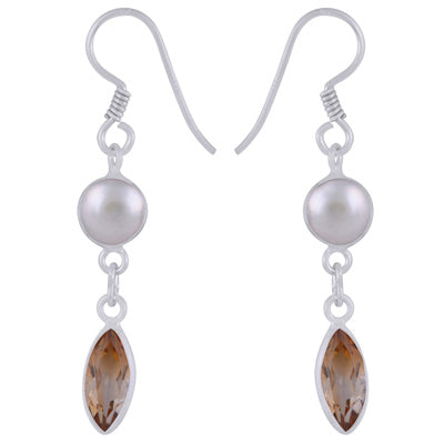 Gorgeous Two Stone Bezel Pearl,Citrine Pear,Marquise Shape 925 Sterling Solid Silver Dangle Earrings - R3500186-54