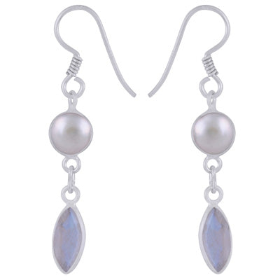 Gorgeous Two Stone Bezel Pearl,Rainbow Moonstone Pear,Marquise Shape 925 Sterling Solid Silver Dangle Earrings - R3500186-55