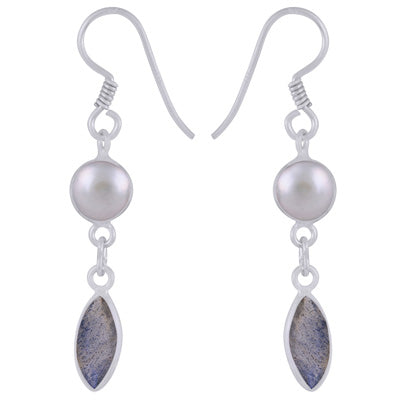 Gorgeous Two Stone Bezel Pearl,Labradorite Pear,Marquise Shape 925 Sterling Solid Silver Dangle Earrings - R3500186-56