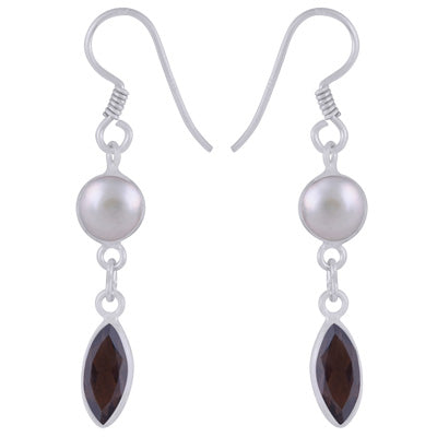 Gorgeous Two Stone Bezel Pearl,Smoky Topaz Pear,Marquise Shape 925 Sterling Solid Silver Dangle Earrings - R3500186-58