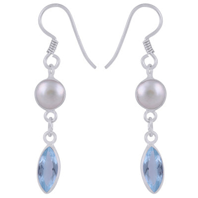 Gorgeous Two Stone Bezel Pearl,Blue Topaz Pear,Marquise Shape 925 Sterling Solid Silver Dangle Earrings - R3500186-60