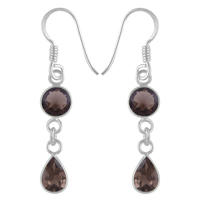 Gorgeous Two Stone Bezel Smoky Topaz Round,Pear Shape 925 Sterling Solid Silver Dangle Earrings - R3500201-58