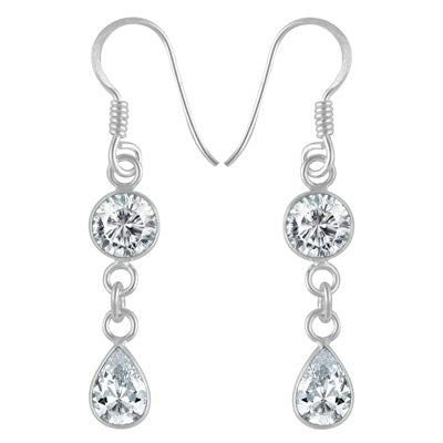 Gorgeous Two Stone Bezel White Cubic Zirconia Round,Pear Shape 925 Sterling Solid Silver Dangle Earrings - R3500201-64