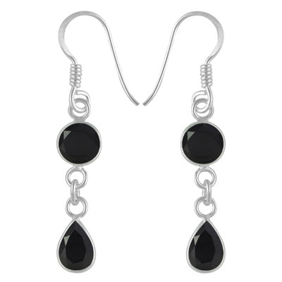 Gorgeous Two Stone Bezel Black Onyx Round,Pear Shape 925 Sterling Solid Silver Dangle Earrings - R3500201-76