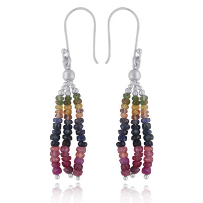 Beautiful Long Multicoloured beads Gemstone Ruby,Emerald,Blue Sapphire Round Shape 925 Sterling Solid Silver Earrings - R3500229-32