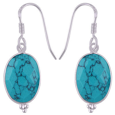 Minimal Rawa Work at Bottom Bezel Turquoise Oval Shape 925 Sterling Solid Silver Dangle Earrings - R3500230-81