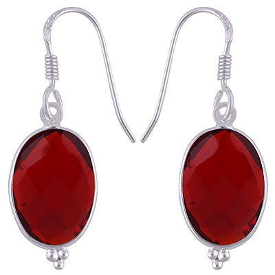 Minimal Rawa Work at Bottom Bezel Red Crystal Oval Shape 925 Sterling Solid Silver Dangle Earrings - R3500230-82