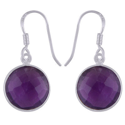 Stunning Bezel Gemstone Amethyst Round Shape 925 Sterling Solid Silver Dangle Earrings - R3500248-74