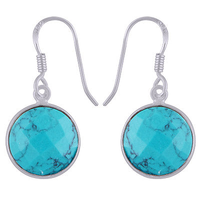 Stunning Bezel Gemstone Turquoise Round Shape 925 Sterling Solid Silver Dangle Earrings - R3500248-75