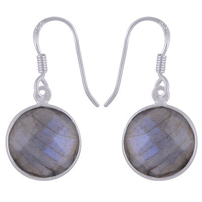 Stunning Bezel Gemstone Labradorite Round Shape 925 Sterling Solid Silver Dangle Earrings - R3500248-76