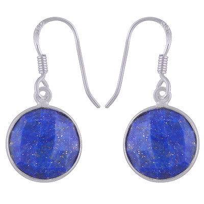 Stunning Bezel Gemstone Lapis Round Shape 925 Sterling Solid Silver Dangle Earrings - R3500248-77