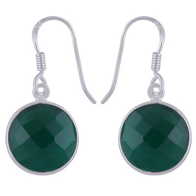 Stunning Bezel Gemstone Green Onyx Round Shape 925 Sterling Solid Silver Dangle Earrings - R3500248-84