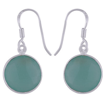 Stunning Bezel Gemstone Aqua Chalcedony Round Shape 925 Sterling Solid Silver Dangle Earrings - R3500248-86
