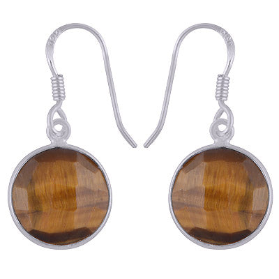 Stunning Bezel Gemstone Tiger's Eye Round Shape 925 Sterling Solid Silver Dangle Earrings - R3500248-87