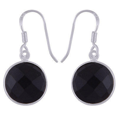 Stunning Bezel Gemstone Black Onyx Round Shape 925 Sterling Solid Silver Dangle Earrings - R3500248-92