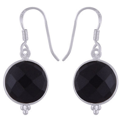 Minimal Rawa work at Bottom Bezel Black Onyx Round Shape 925 Sterling Solid Silver Dangle Earrings - R3500253-100