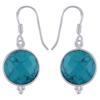 Minimal Rawa work at Bottom Bezel Turquoise Round Shape 925 Sterling Solid Silver Dangle Earrings - R3500253-83