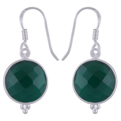 Minimal Rawa work at Bottom Bezel Green Onyx Round Shape 925 Sterling Solid Silver Dangle Earrings - R3500253-92