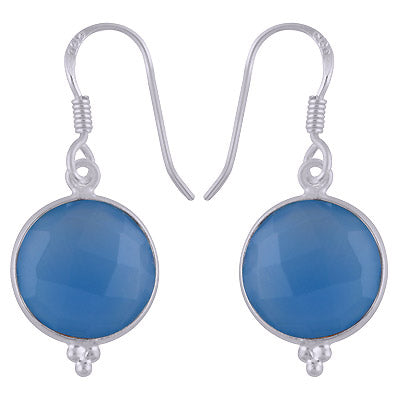 Minimal Rawa work at Bottom Bezel Blue Chalcedony Round Shape 925 Sterling Solid Silver Dangle Earrings - R3500253-93