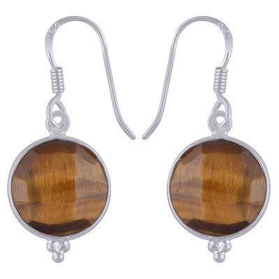Minimal Rawa work at Bottom Bezel Tiger's Eye Round Shape 925 Sterling Solid Silver Dangle Earrings - R3500253-95