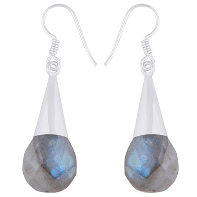 Gorgeous Faceted Seated Gemstone Labradorite Drop Shape 925 Sterling Solid Silver Dangle Earrings - R3500414-73