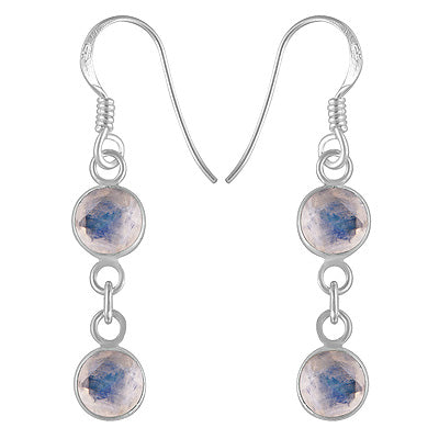 Stunning Two Stone Bezel Rainbow Moonstone Round Shape 925 Sterling Solid Silver Dangle Earrings - R3500429-131