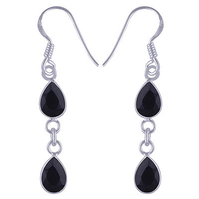 Beautiful Two Stone Bezel Black Onyx Pear Shape 925 Sterling Solid Silver Dangle Earrings - R3500430-214
