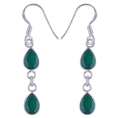 Beautiful Two Stone Beze Green Onyx Pear Shape 925 Sterling Solid Silver Dangle Earrings - R3500430-280