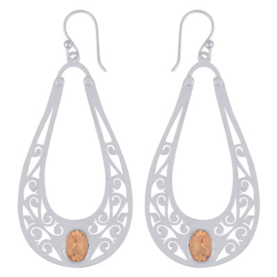 Alluring Handcrafted jali Cut Work Around Citrine Oval Shape 925 Sterling Solid Silver Dangle Earrings - R3500468-93